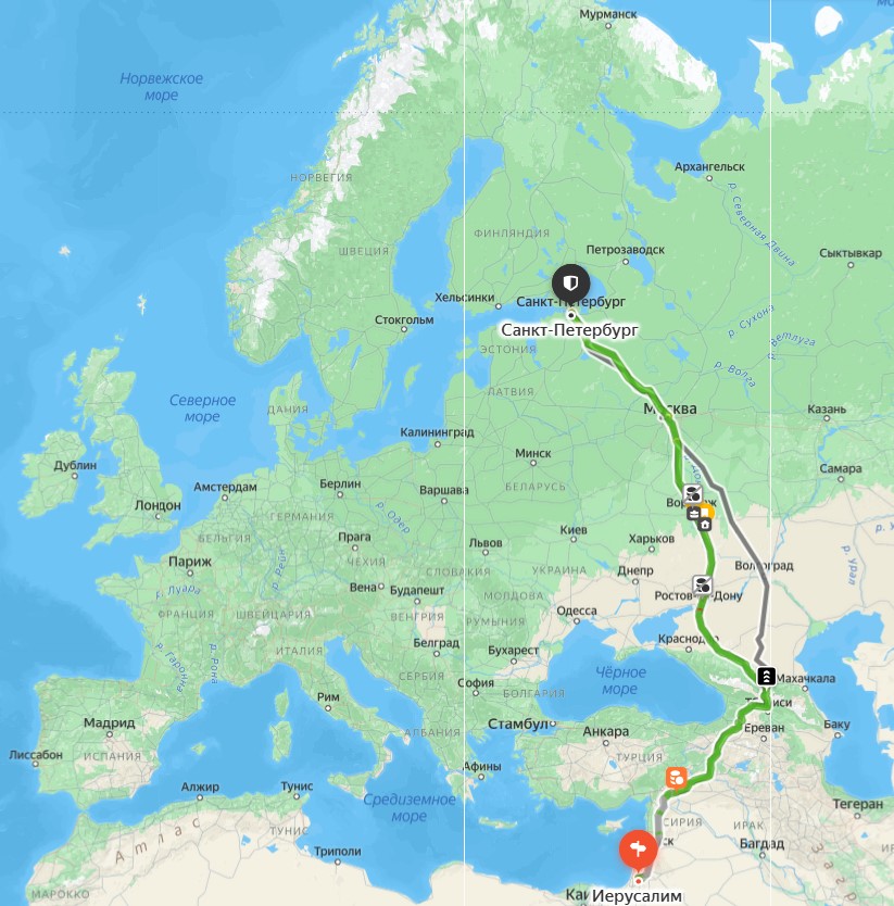 Карта Иерусалим-Санкт-Петербург (4500км)