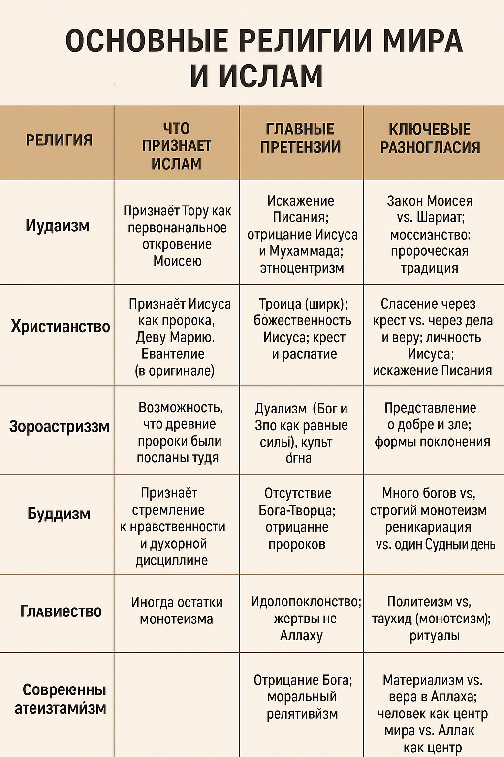 ПРЕТЕНЗИИ ИСЛАМА к другим религиям (сравнительная таблица)